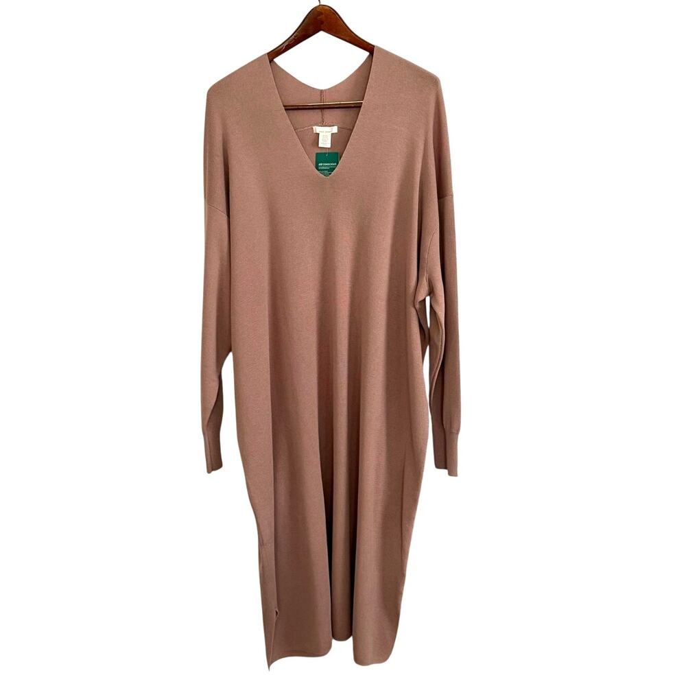 H&M Womens XXL Dusty Rose V Neck Midi Sweater Dress Long Sleeve NWT